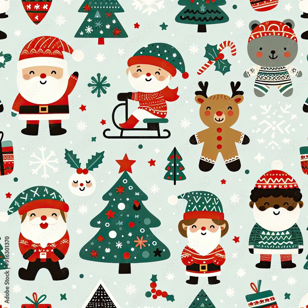 Simple vector seamless pattern for kids with Santa, Christmas tree and snowflakes. Christmas print for wrapping paper, Christmas cards, scrapbooking Simple vector seamless pattern for kids with Santa, Christmas tree and snowflakes. Christmas print for wrapping paper, Christmas cards, scrapbooking