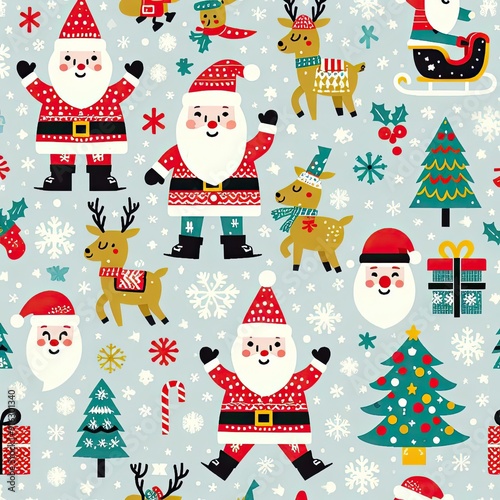 Simple vector seamless pattern for kids with Santa, Christmas tree and snowflakes. Christmas print for wrapping paper, Christmas cards, scrapbooking