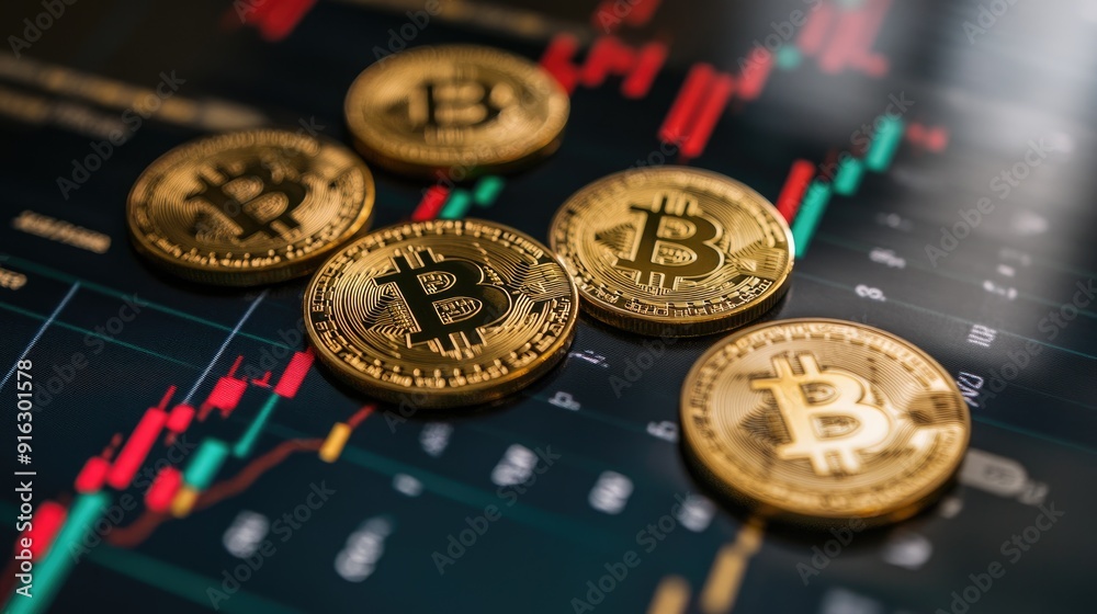 Fototapeta premium Golden Bitcoin coins rising alongside a bullish market graph, capturing the excitement of a booming cryptocurrency market.
