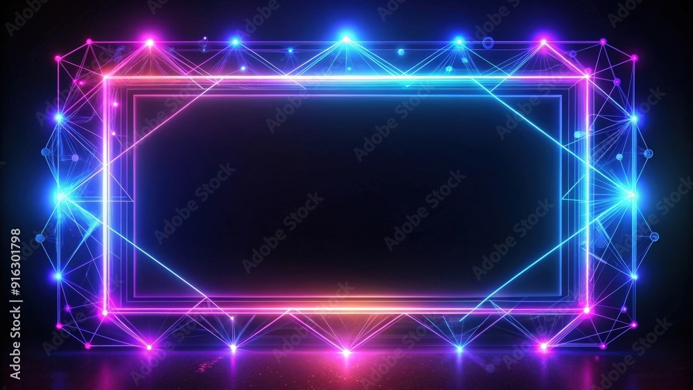 Fototapeta premium Glowing neon frame on black background, geometric glow outline shape, laser glowing lines, Neon, frame, glowing