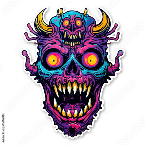 A neon-colored sticker of a grotesque monster skull with horns.