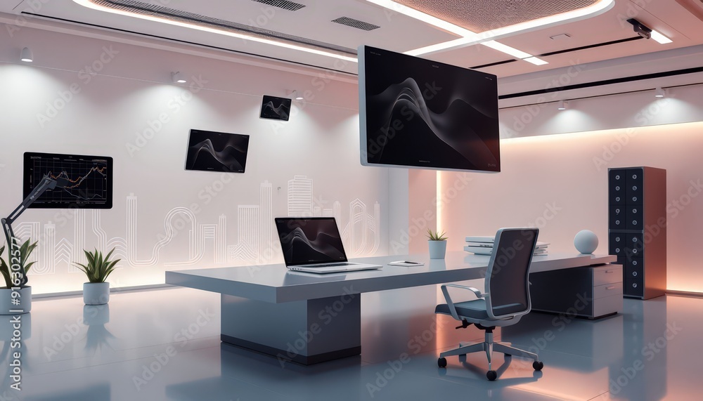 Modern office interior with a large desk and a laptop. Modern office interior with a large desk and a laptop.