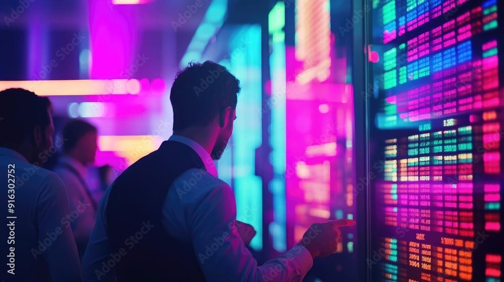 Neon-lit trading floor with excited investors discussing new stock options, emphasizing the excitement of the market. Neon-lit trading floor with excited investors discussing new stock options, emphasizing the excitement of the market.