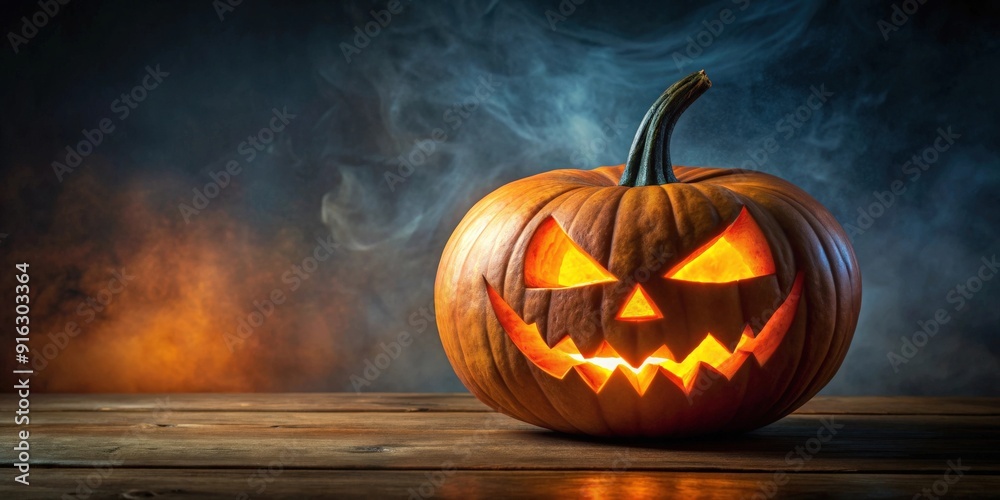 Naklejka premium Spooky Halloween Jack O Lantern with evil face and eyes on background, pumpkin, Halloween, Jack O Lantern, spooky, evil