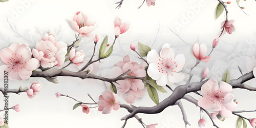 Seamless Watercolor Abstract Spring Natural Floral Blossom White, Pink, Red, Purple, and Blue Flower on a Branch Pattern With Delicate Plant and Flower Leaves Border on Lite Background