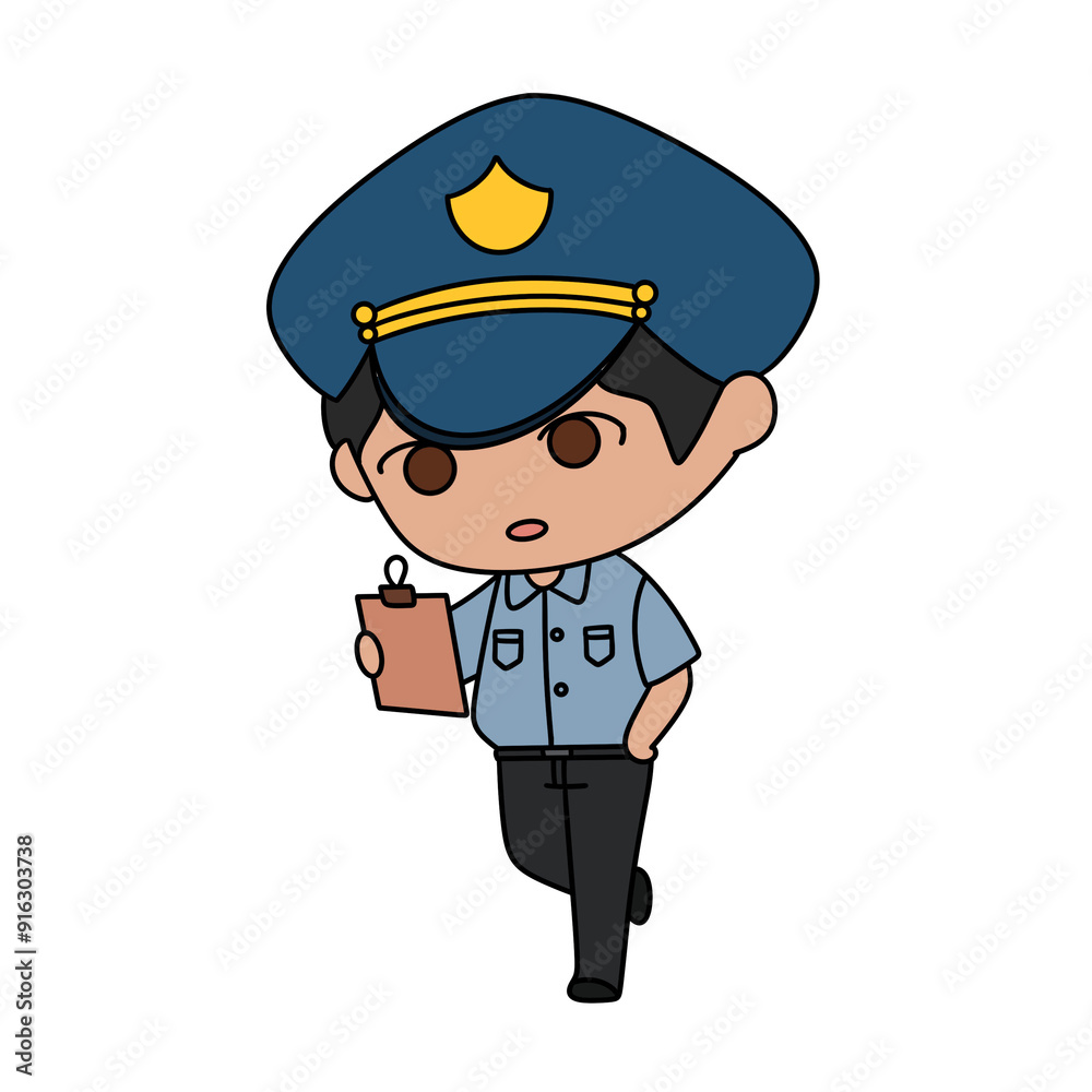 A cartoon police officer is holding a clipboard and wearing a blue hat A cartoon police officer is holding a clipboard and wearing a blue hat