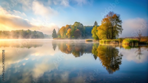 Wallpaper Mural Foggy morning by the lake with soft, misty visibility , mist, hazy, atmospheric, tranquil, peaceful, serene, quiet, lake, water, morning Torontodigital.ca
