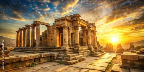 Ancient temple ruins bathed in golden sunlight, temple, sun, lost, east, ancient, ruins, architecture, historical