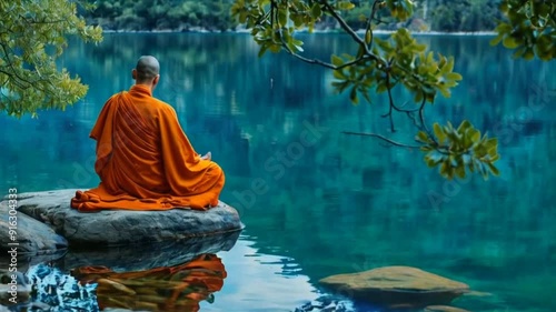 individual in orange robes meditating by calm lake
