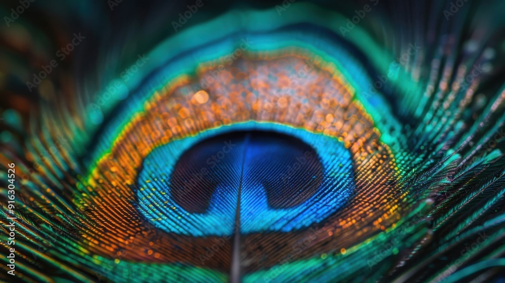 Fototapeta premium Exquisite Close-up of 8K Peacock Feather with Iridescent Blues and Greens, Detailed Eye Pattern, and Deep Depth of Field for Text Overlay