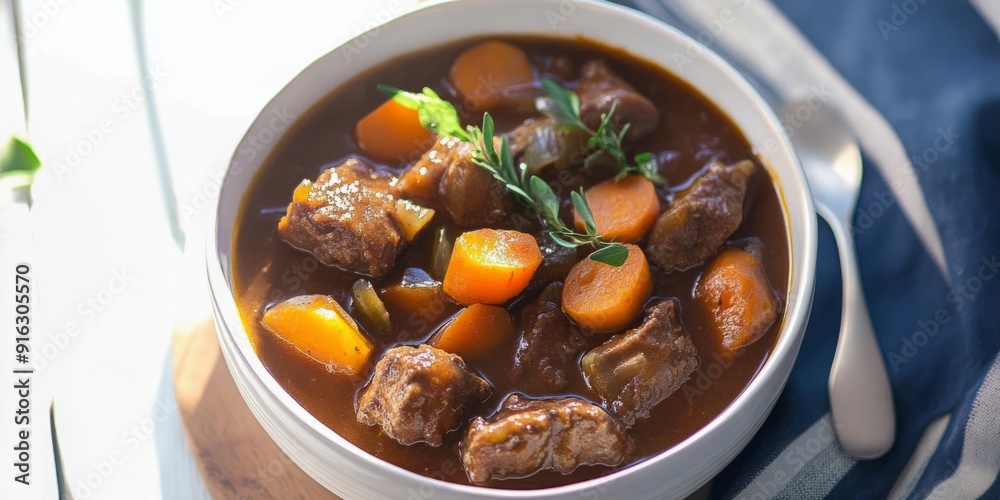 Tempting High-End Homestyle Stew with Root Vegetables: A Luxurious Close-up Shot in a Kitchen at Daytime Tempting High-End Homestyle Stew with Root Vegetables: A Luxurious Close-up Shot in a Kitchen at Daytime