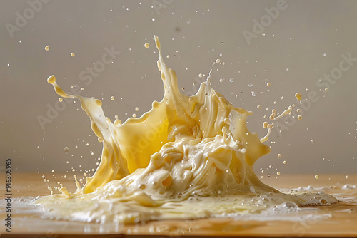 capture of milk splashing dramatically on a smooth surface, creating dynamic droplets and fluid motion in mid-air, showcasing the beauty of liquid in motion against a soft gradient background photo