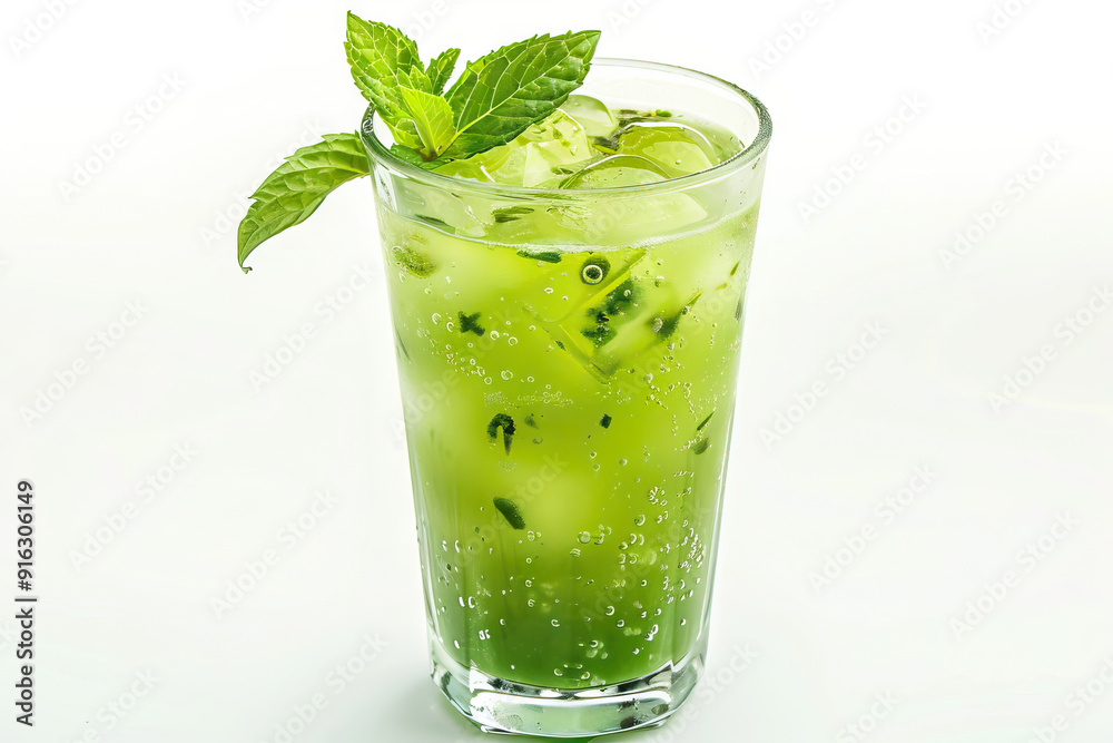 Refreshing green mint cocktail with ice cubes in a glass, garnished with mint leaves, representing a cool and vibrant summer drink perfect for hot days and relaxation. Refreshing green mint cocktail with ice cubes in a glass, garnished with mint leaves, representing a cool and vibrant summer drink perfect for hot days and relaxation.