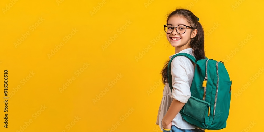 Cheerful Schoolgirl with Glasses and Backpack Posed on a Bright Yellow Background, Ready for Academic Adventures Cheerful Schoolgirl with Glasses and Backpack Posed on a Bright Yellow Background, Ready for Academic Adventures