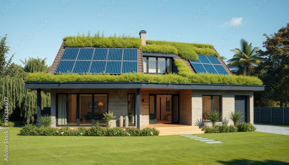 Modern Sustainable Home with Green Roof and Solar Panels. Modern Sustainable Home with Green Roof and Solar Panels.