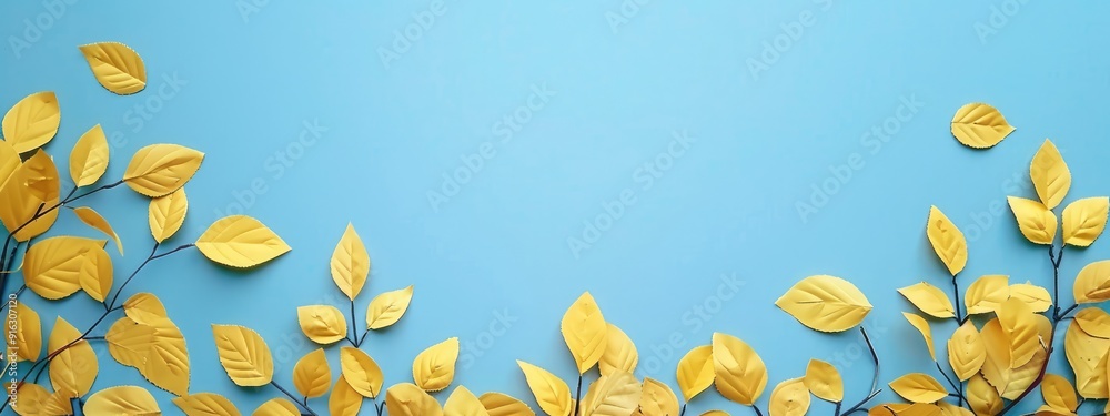 yellow leaves on a blue background, top view, close-up. Image for design, autumn concept. Copy space. yellow leaves on a blue background, top view, close-up. Image for design, autumn concept. Copy space.