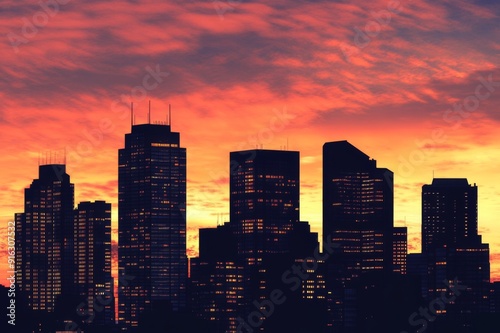 Urban Horizons: Animated Silhouette of Skyscrapers at Dusk, Capturing the Dynamic City Skyline's Transition into Evening