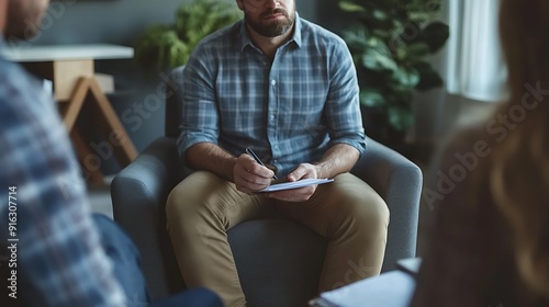 Man Taking Notes in Group Therapy Session. photo