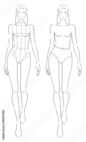 Fashion figure illustration. Female figure vector template illustration. Croquis template. 9 head figure template. Stylized figure template.. front view. Walking. CAD mockup set.