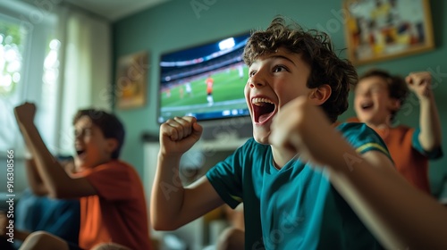 Excited children watching football game on tv in living room  photo