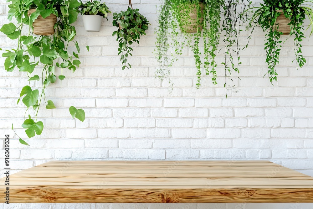Empty wood table top on a white brick wall with hanging plants background Empty wood table top on a white brick wall with hanging plants background