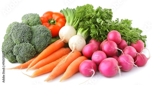 Fresh Vegetables - Broccoli, Carrots, Red Radishes, Turnips, Bell Pepper, and Parsley - Realistic Photo