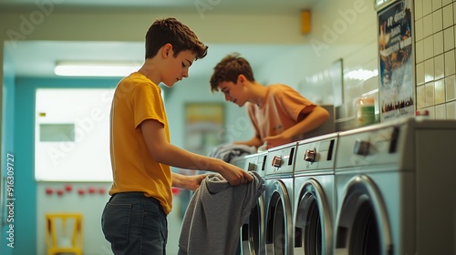 Two young men doing laundry in a laundromat. photo