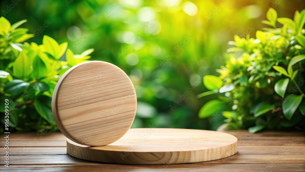 Wooden round on plant background for displaying product, wooden, round, plant, background, mockup, display, product Wooden round on plant background for displaying product, wooden, round, plant, background, mockup, display, product