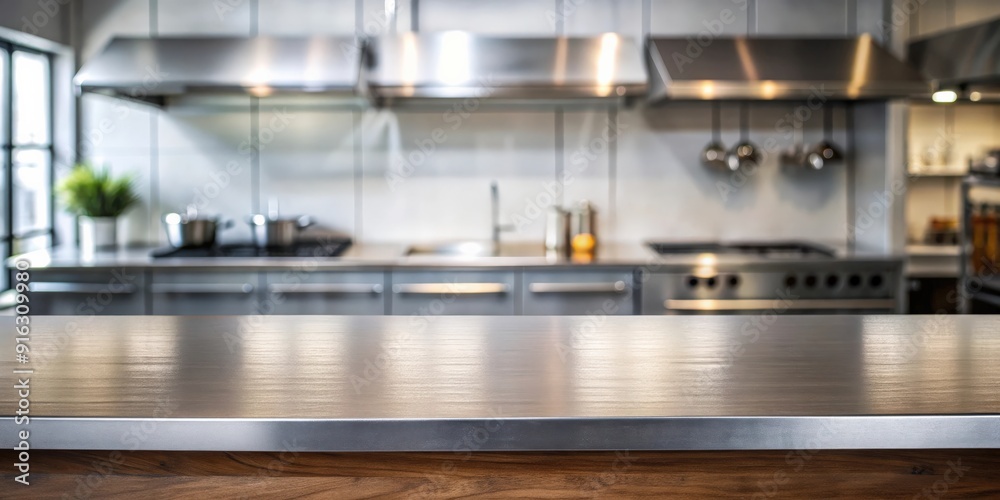 Steel table top with blurry kitchen background for product mockups or advertising, steel, table, top, kitchen, background Steel table top with blurry kitchen background for product mockups or advertising, steel, table, top, kitchen, background