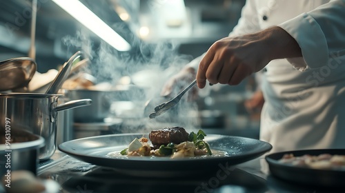 Chef preparing food in the kitchen, chef decorating dish, restaurant kitchen photo