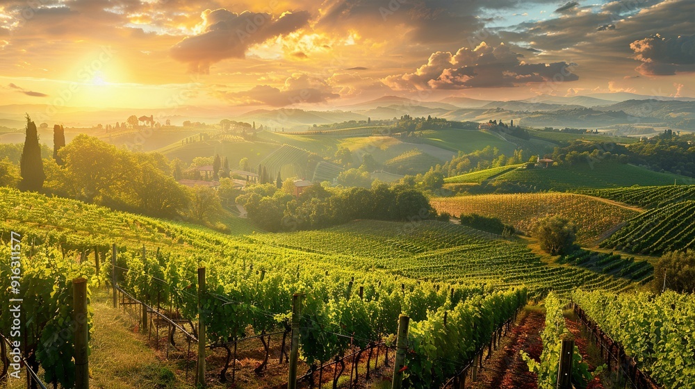 Naklejka premium Rolling Hills Vineyard at Sunset with Golden Clouds