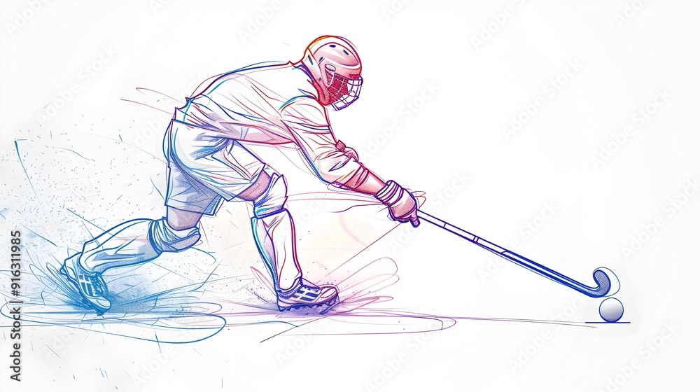 Fototapeta premium 3D Rendered Line Sketch of Field Hockey Player Passing the Ball in Minimalist Art Style