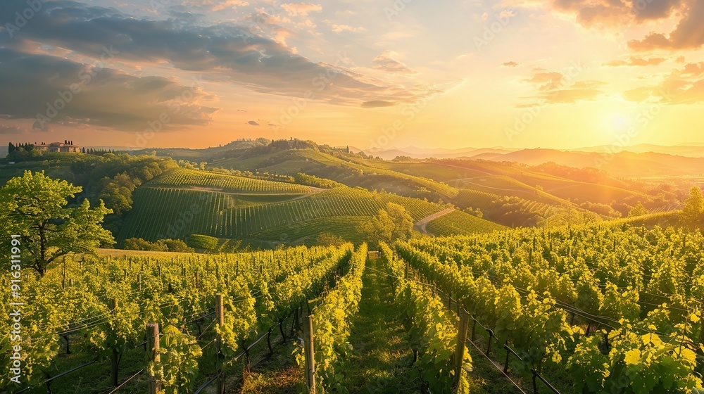 custom made wallpaper toronto digitalSunset over rolling hills with vineyards and a distant village