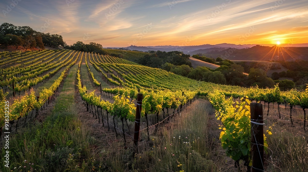 Naklejka premium Golden Hour Vineyard Rows with Sunset over Distant Mountains