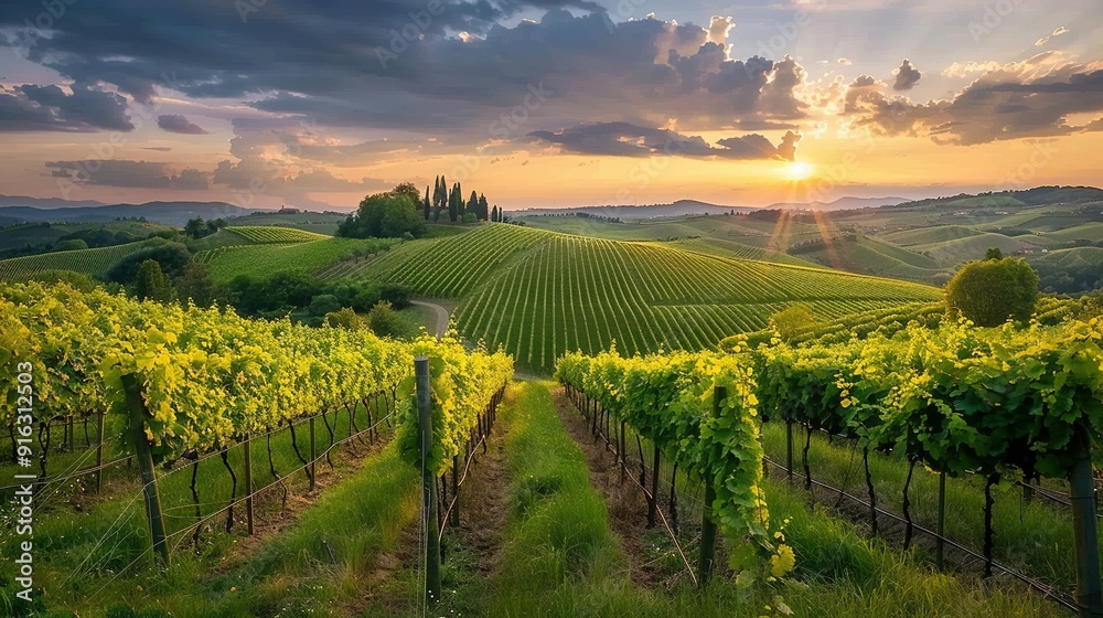 Sunset Over Rolling Hills With Vineyards Sunset Over Rolling Hills With Vineyards