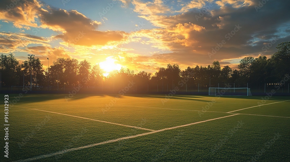 Sunset Soccer Field: Golden hour casts a warm glow over an empty soccer field, the setting sun painting the sky with vibrant hues. A tranquil scene perfect for sports, travel, or nature themes. Sunset Soccer Field: Golden hour casts a warm glow over an empty soccer field, the setting sun painting the sky with vibrant hues. A tranquil scene perfect for sports, travel, or nature themes.