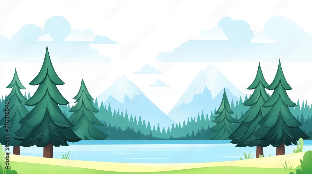 Fototapeta premium A serene watercolor portrayal of lush green pine trees reflecting near calm waters, evoking tranquility and natures beauty.