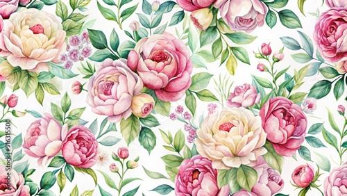 Fototapeta Naklejka Na Ścianę i Meble -  Watercolor seamless pattern with roses and peonies in a delicate design, watercolor, seamless, pattern, flowers, roses