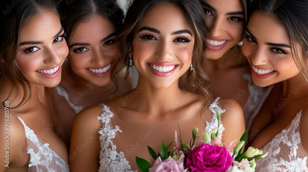 A glowing bride stands surrounded by her bridesmaids, all sharing radiant smiles. The group exudes joy and closeness, with the bride holding a vibrant bouquet, highlighting the love A glowing bride stands surrounded by her bridesmaids, all sharing radiant smiles. The group exudes joy and closeness, with the bride holding a vibrant bouquet, highlighting the love