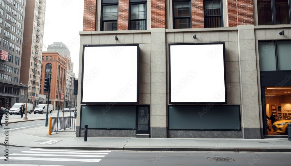 Blank Billboards on Modern Building in City. Blank Billboards on Modern Building in City.