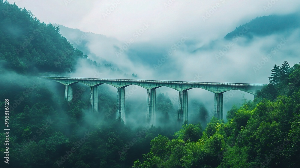 Fototapeta premium landscape featuring a bridge stretching across a foggy valley, emphasizing tranquility and beauty