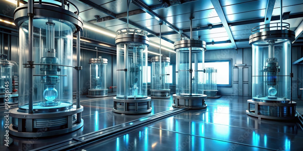 Fototapeta premium Futuristic rendering of a sci-fi laboratory glass tube with high tech background and cryogenic tanks
