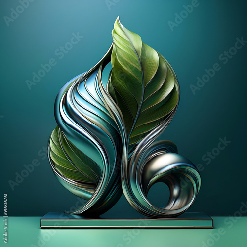 Abstract Sculpture of Green Foliage and Metallic Fluidity
