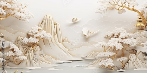 Volumetric stucco molding on a concrete wall with golden elements, Japanese landscape, waterfall, mountains, sakura.