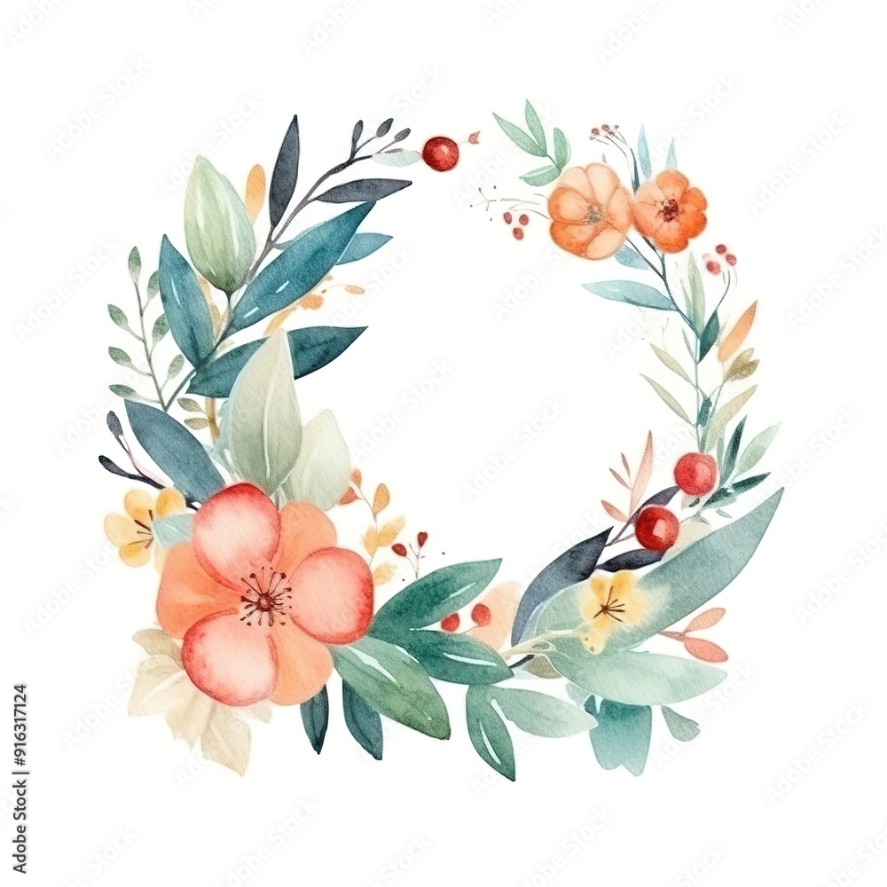 Watercolor wreath with leaves and flowers.