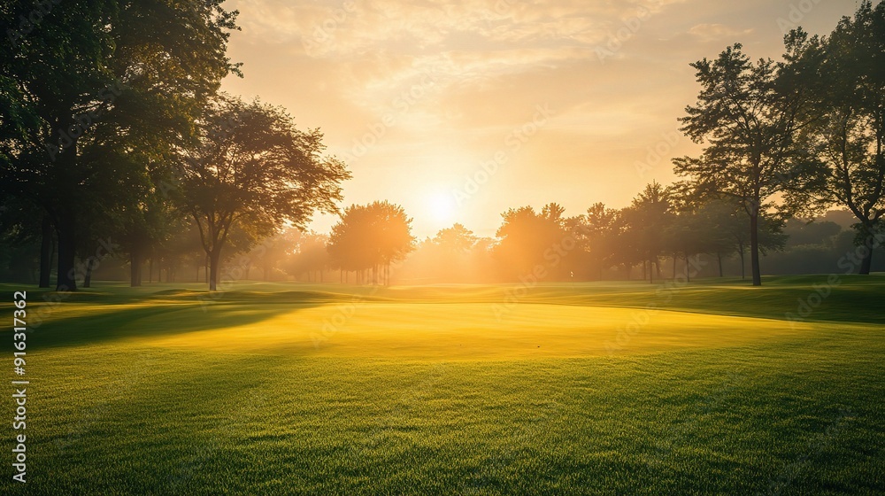 Golf course at sunrise, with golden light illuminating the grass and creating a peaceful atmosphere Golf course at sunrise, with golden light illuminating the grass and creating a peaceful atmosphere