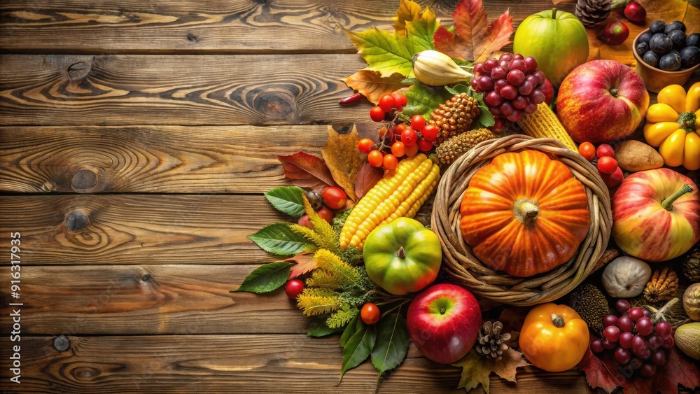 Autumn fruits and vegetables arranged on rustic wooden table for Thanksgiving decoration, autumn, fruit, harvest, wood Autumn fruits and vegetables arranged on rustic wooden table for Thanksgiving decoration, autumn, fruit, harvest, wood