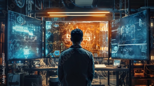 a man standing against multiple screen and complex Interface