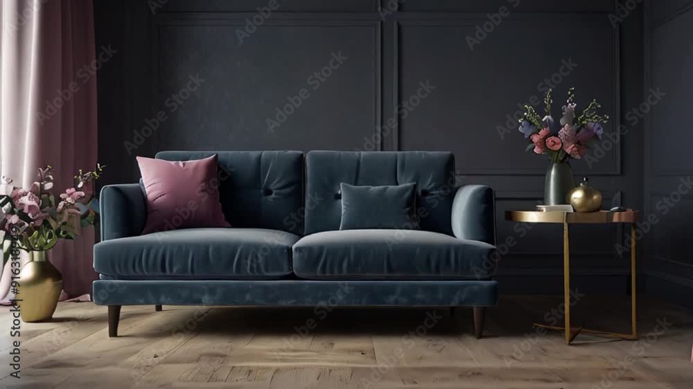  a Blue elegant purple sofa with a side table and flowers