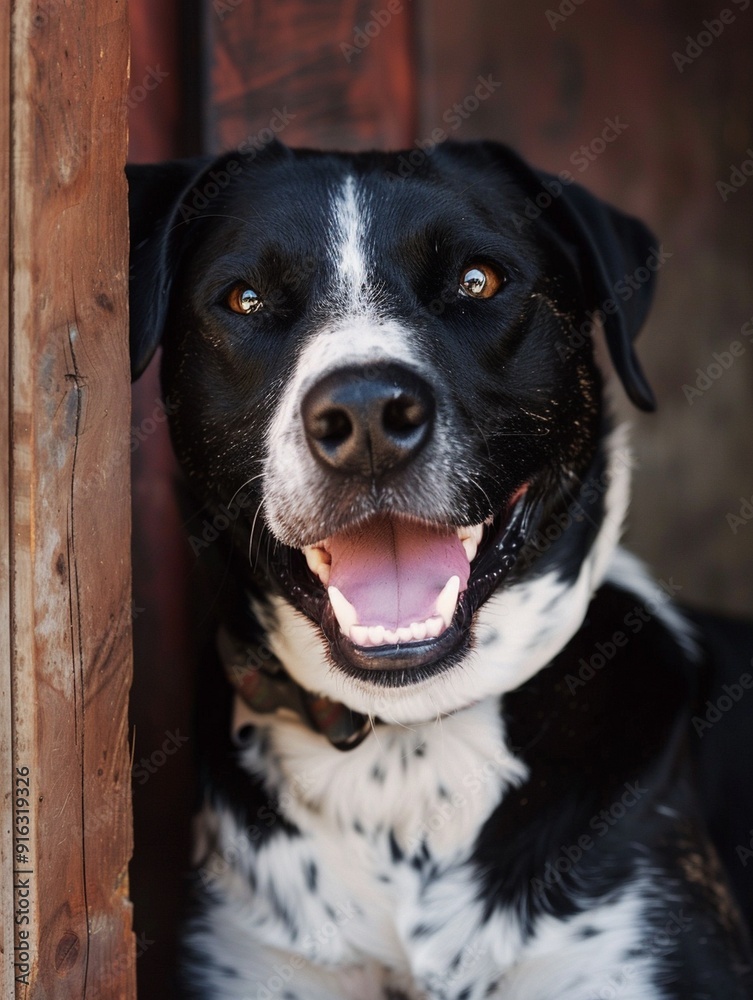 Happy Black and White Dog Portrait in Rustic Setting Happy Black and White Dog Portrait in Rustic Setting